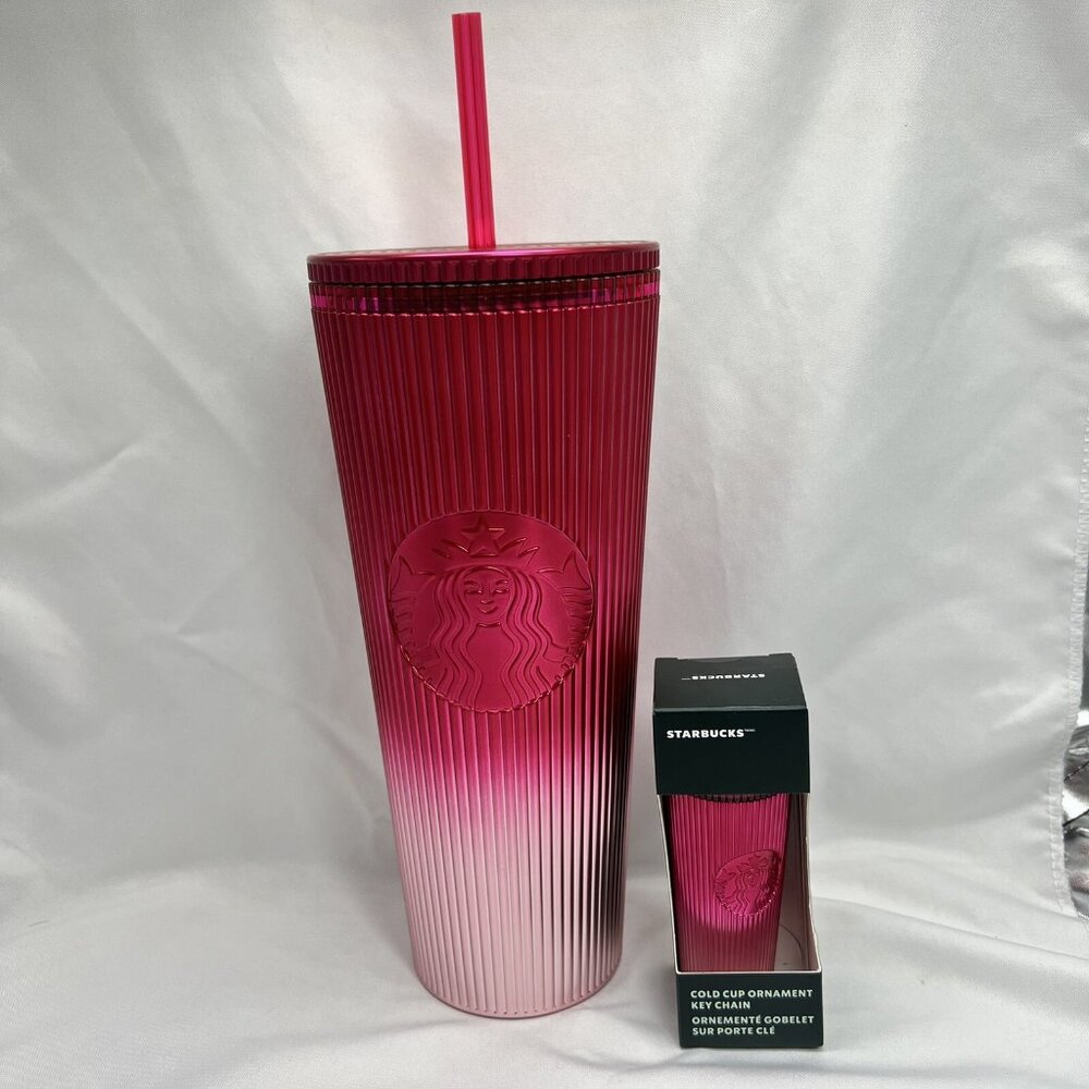 Starbucks Pink ombre Cold Cup 24oz Venti Tumbler & Ornament Keychain set